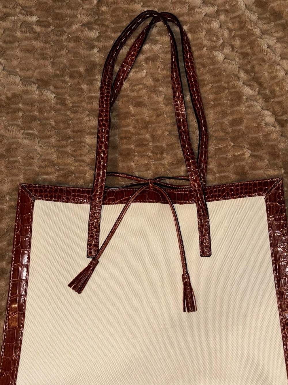 Liz Claiborne Cream Canvas Tote with Brown Croc-Trim